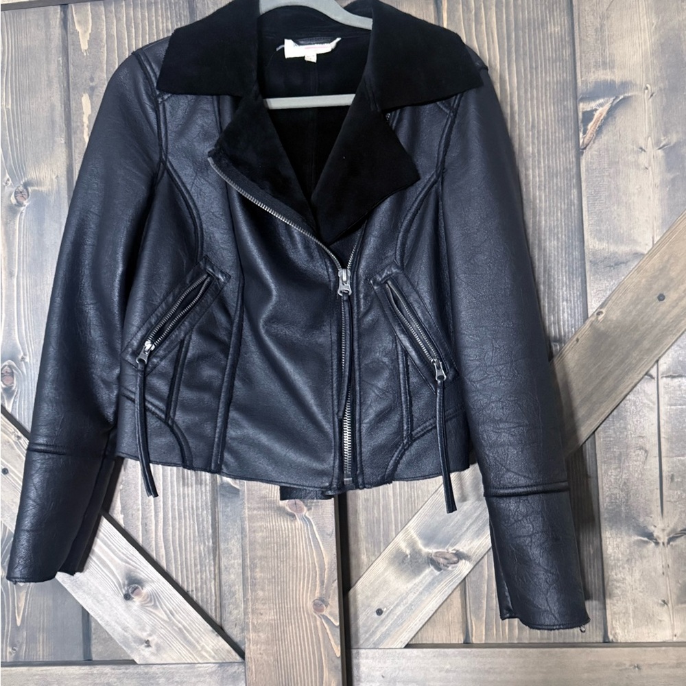 Vince Camuto Black Faux Leather Moto Jacket with Suede-Style Collar